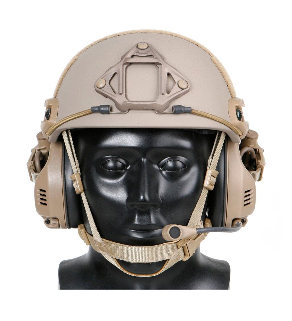 RAC headset on a FAST helmet, front view on a display head