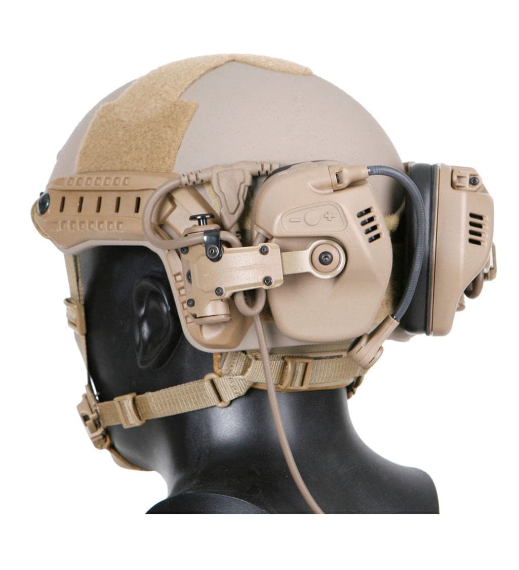 RAC headset on a FAST helmet, rear three-quarter view