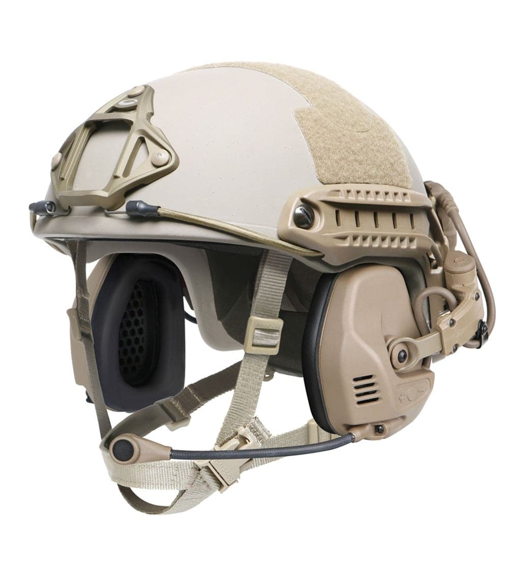 Tan Ops-Core RAC headset mounted on the side rails of a tan FAST helmet with boom microphone