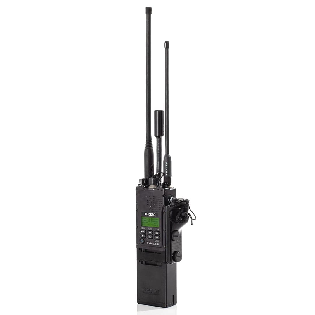 AN/PRC-148C IMBITR with both antennas fitted, on a white background