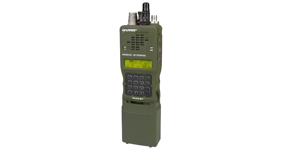 Green L3Harris AN/PRC-152A handheld radio with keypad, display and antenna connectors, front view