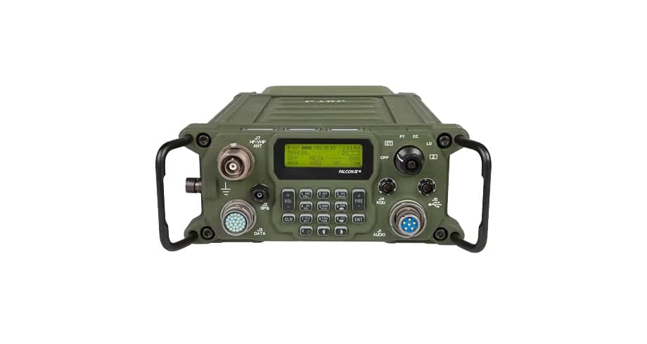 Front panel of the Falcon III AN/PRC-160(V) with handles, keypad and connectors