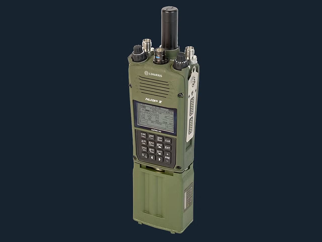Green AN/PRC-163 handheld radio with antenna on a dark background
