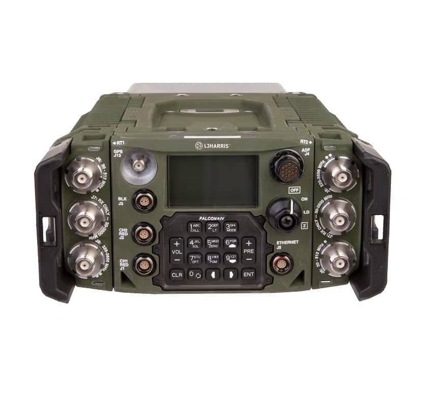 Front panel of the AN/PRC-167 manpack with its display, keypad and antenna ports