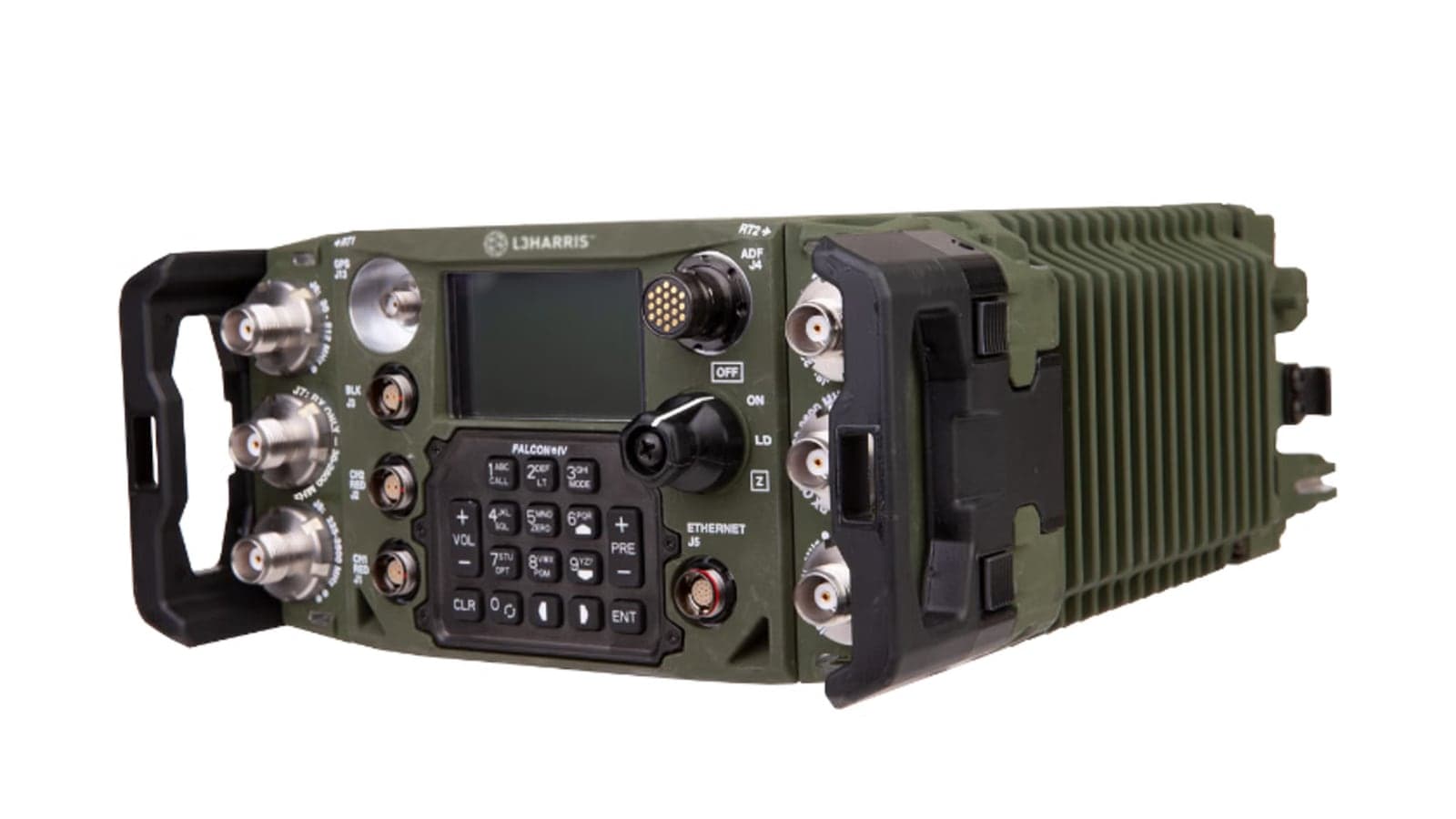 A green dual-channel manpack radio with keypad, display and antenna connectors on each side