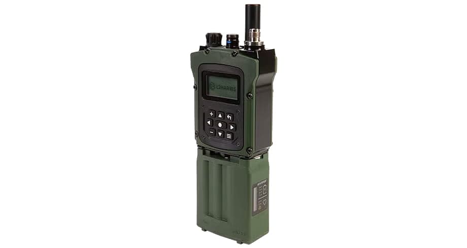 Green AN/PRC-171 Compact Team Radio with antenna, three-quarter view