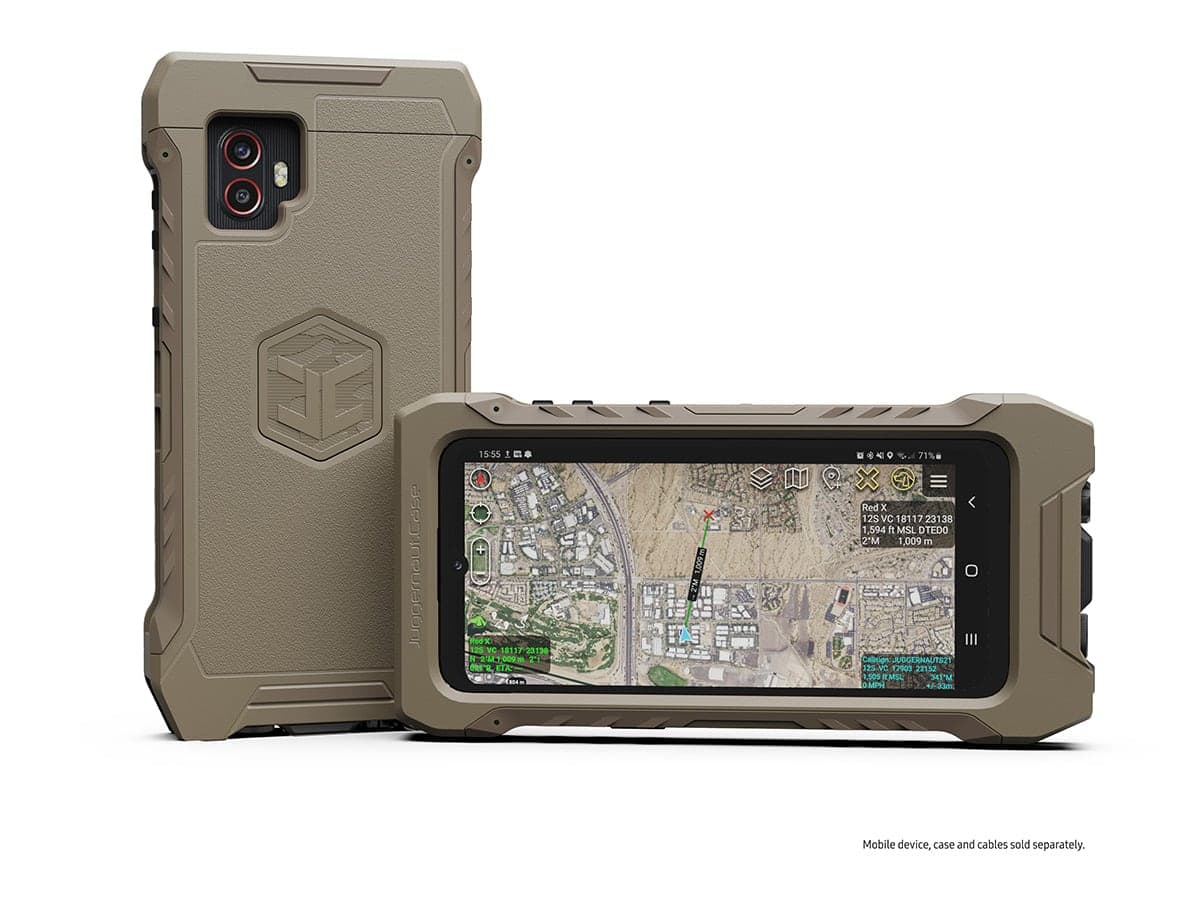 Two Samsung Galaxy S23 Tactical Edition phones in tan rugged cases, one showing a map display