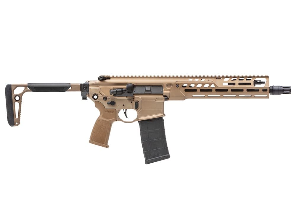 SIG MCX-SPEAR LT 11.5 inch SBR in coyote finish, right side profile with folding stock