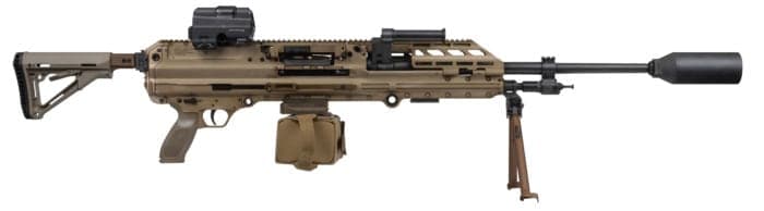 Black belt-fed machine gun, right side profile