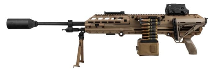 Black belt-fed machine gun with long barrel, bipod and optic rail, left side profile