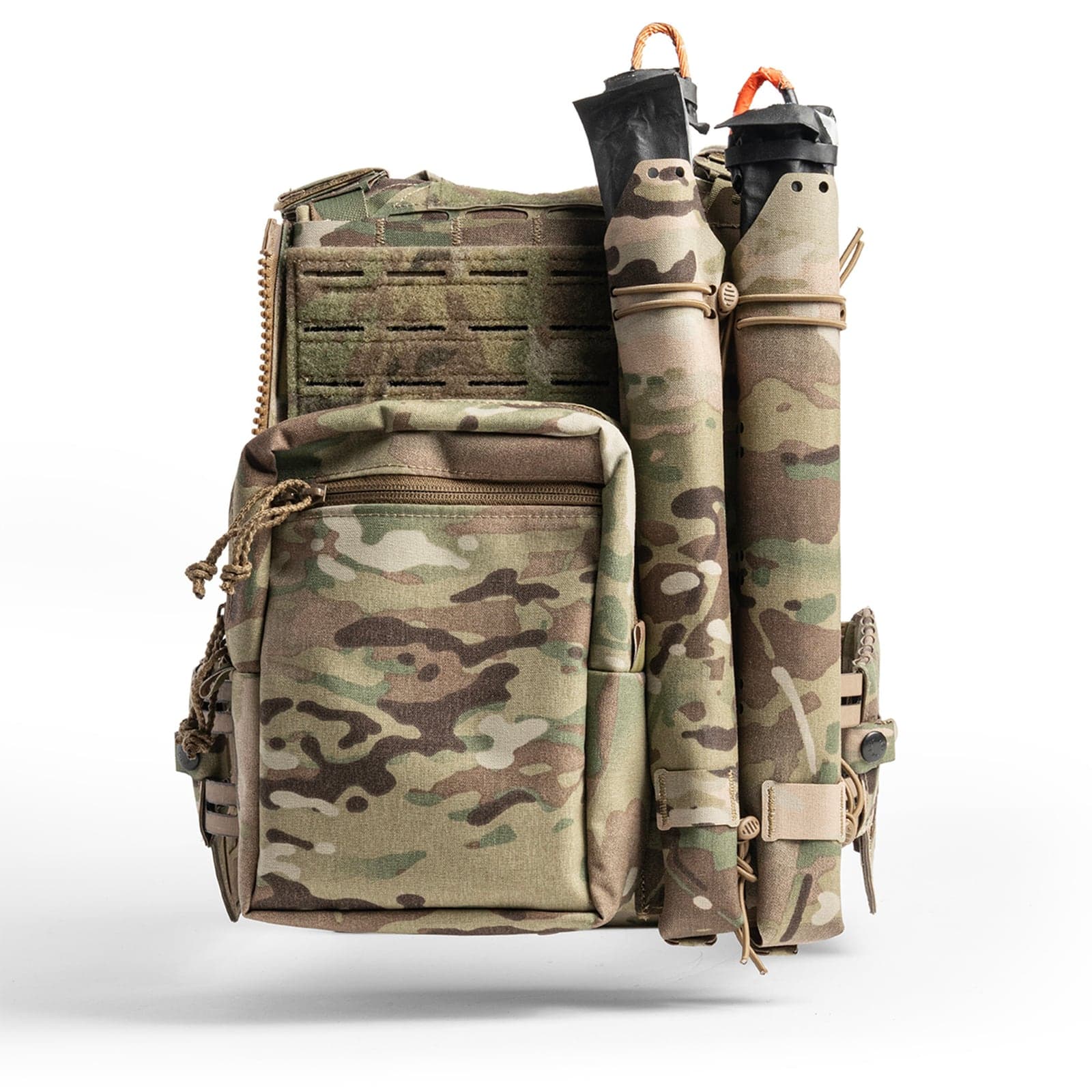 LV-120 plate carrier from the rear, kitted with a pack and breaching tools
