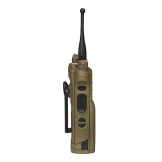 Coyote brown SRX 2200 radio with belt clip, left side view