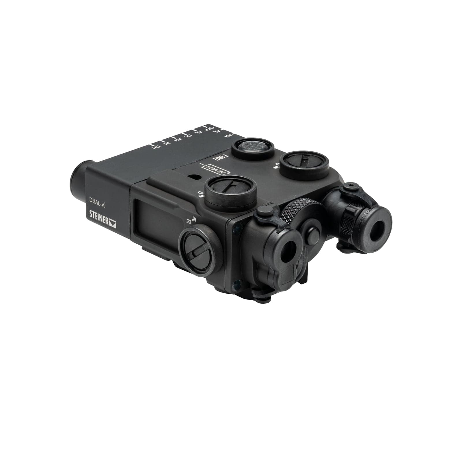 DBAL-A3 in black, front three-quarter view showing laser apertures