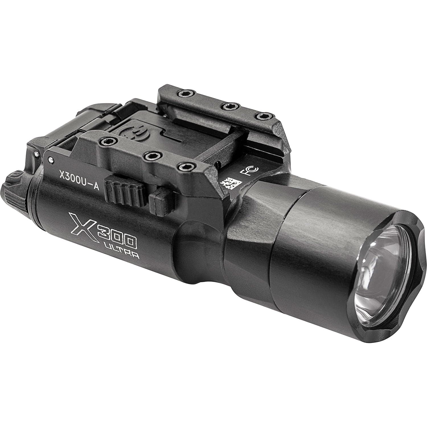 Black X300U-A seen from the front right, showing the lens and rail clamp