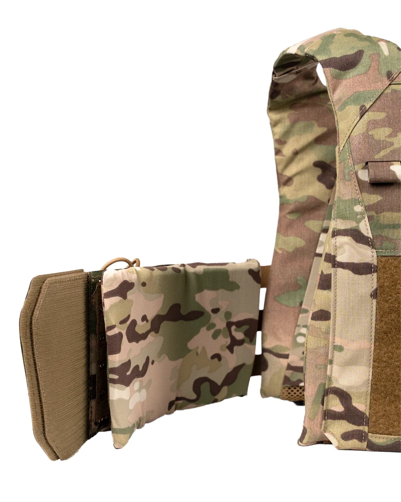 Close view of an E-MBAV side armor bag and cummerbund in MultiCam