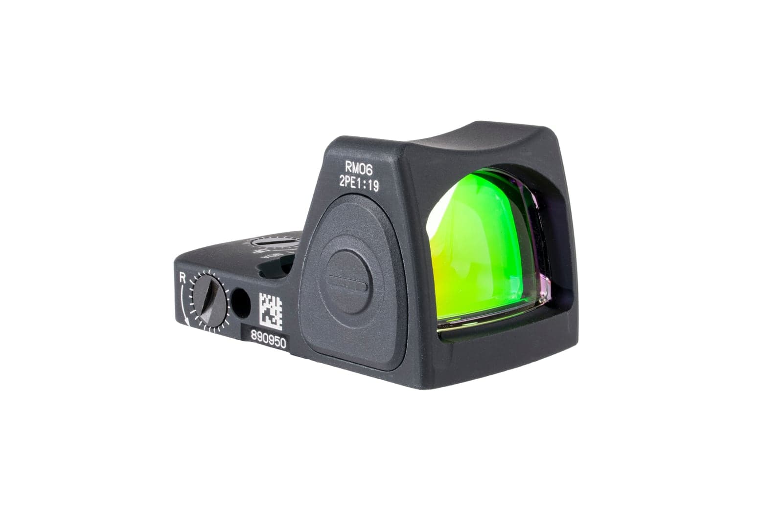 Black Trijicon RMR Type 2 red dot sight, three-quarter view on a white background
