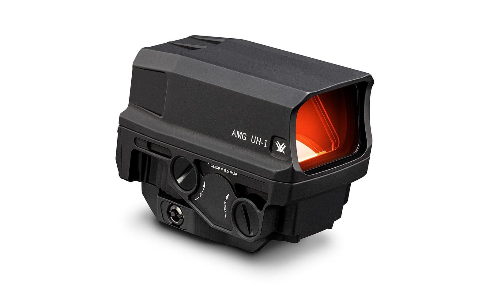 Black Vortex AMG UH-1 Gen II holographic sight, three-quarter front view on a white background